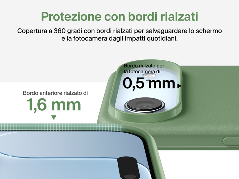 Immagine della custodia Belkin SheerForce Protect Series per iPhone 17 con design dei bordi rialzati e protezione dalle cadute di grado militare (fino a 4 metri).