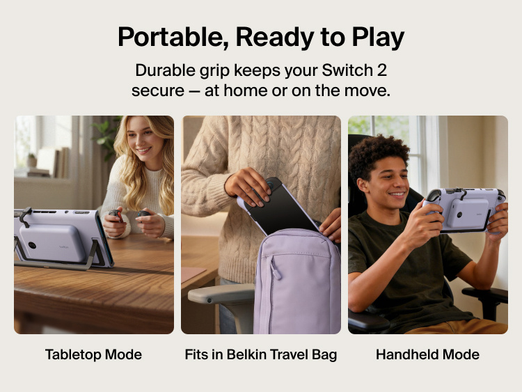 Belkin Gaming Charging Grip for Nintendo Switch 2 supports tabletop and handheld play while fitting securely inside a compatible travel bag.