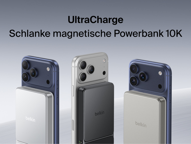 Belkin UltraCharge Slim Magnetic Power Bank 10K attached to smartphones showcasing compact magnetic wireless charging and portable battery design