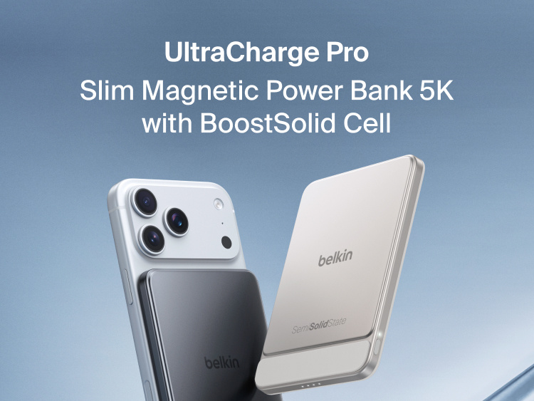 Belkin UltraCharge Pro Slim Magnetic Power Bank 5K with BoostSolid Cell magnetically attached to a smartphone alongside a product view and Qi2 logo.