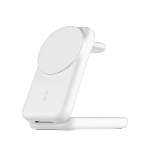 White Belkin 3-in-1 foldable magnetic wireless charging stand with slots for charging a smartphone, earbuds, and smartwatch.
