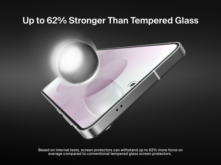 Image of a Samsung Galaxy S25 Edge with a glowing silver ball impacting the screen, illustrating that the screen protector is up to 62% stronger than conventional tempered glass.