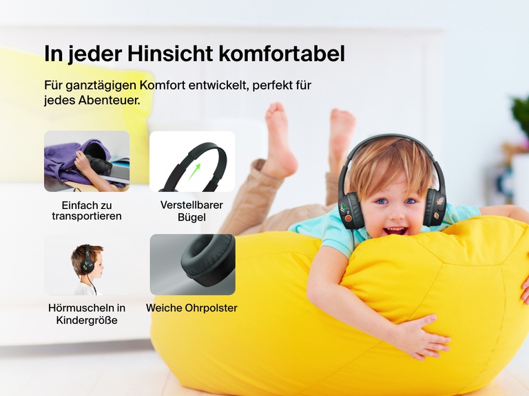 Smiling child wearing Belkin Wired On-Ear Headphones for Kids while lounging on a yellow beanbag, with callouts for soft ear cushions, adjustable headband, kid-sized earcups, and easy portability.
