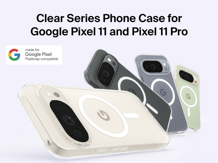 Belkin Clear Series Case for Google Pixel 11 showcased in multiple color options with Qi2 25W magnetic charging compatibility, military-grade drop protection, Nano-Titan technology, anti-yellowing coating, and recycled materials.