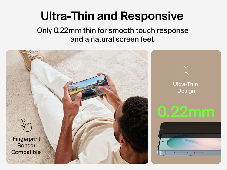 Belkin ScreenForce Titan SmartShield Privacy Filter Screen Protector for Samsung Galaxy S26 featuring an ultra-thin 0.22 mm design for smooth touch response, natural screen feel, and full fingerprint sensor compatibility.
