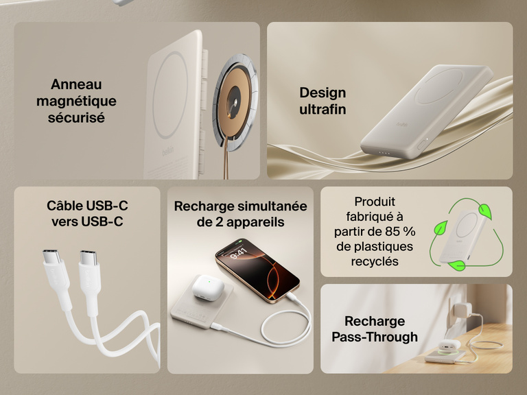 Belkin BoostCharge Slim Magnetic Power Bank 5K shown highlighting key features including secure magnetic ring, ultra-slim design, USB-C to USB-C cable, dual device charging, recycled materials, and pass-through charging capability.
