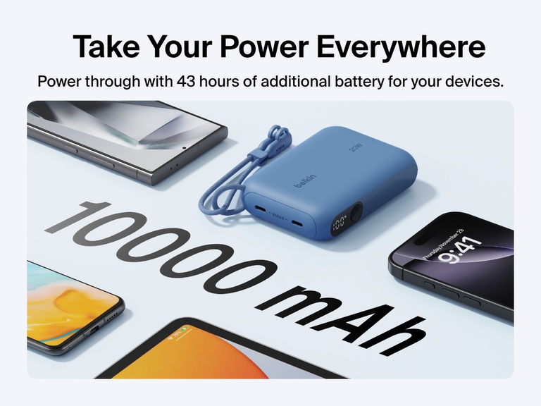 Belkin BoostCharge Power Bank 10K with Display shown surrounded by multiple devices, emphasizing its 10,000 mAh capacity and ability to deliver up to 43 hours of extra battery life on the go.