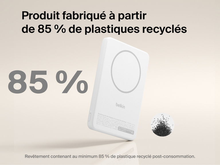 Belkin BoostCharge Slim Magnetic Power Bank 5K with Qi2 shown made with at least 85 percent post-consumer recycled plastic for a more sustainable portable charging solution.