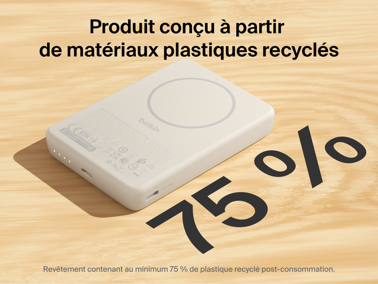 Slim Magnetic Power Bank 10K with Qi2 showing recycled plastic housing with 75% post-consumer materials and wireless charging surface on top