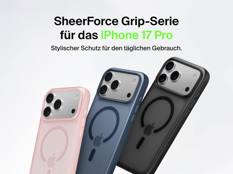 Belkin SheerForce Grip Series protective case for iPhone 17 shown in pink, clear, and black with slim design and MagSafe compatibility.