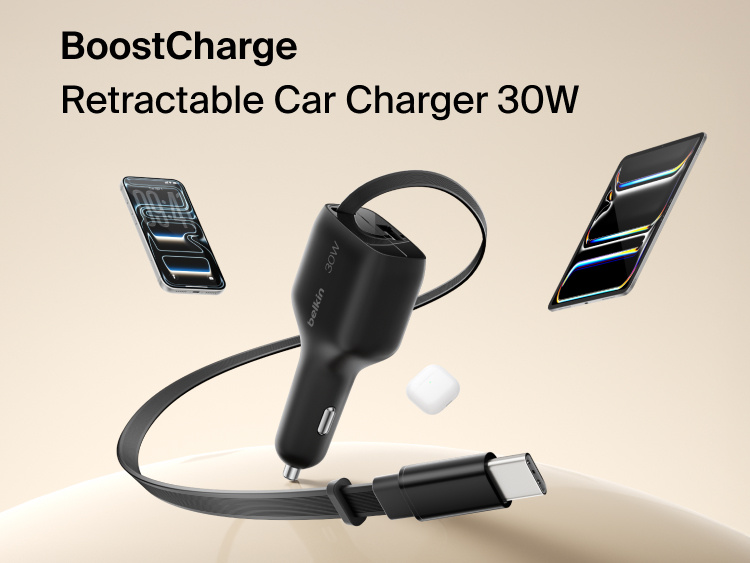 Belkin BoostCharge Retractable Car Charger 30W with integrated USB-C cable, dual-port charging, and fast charging for iPhone, Samsung Galaxy, AirPods, and more.