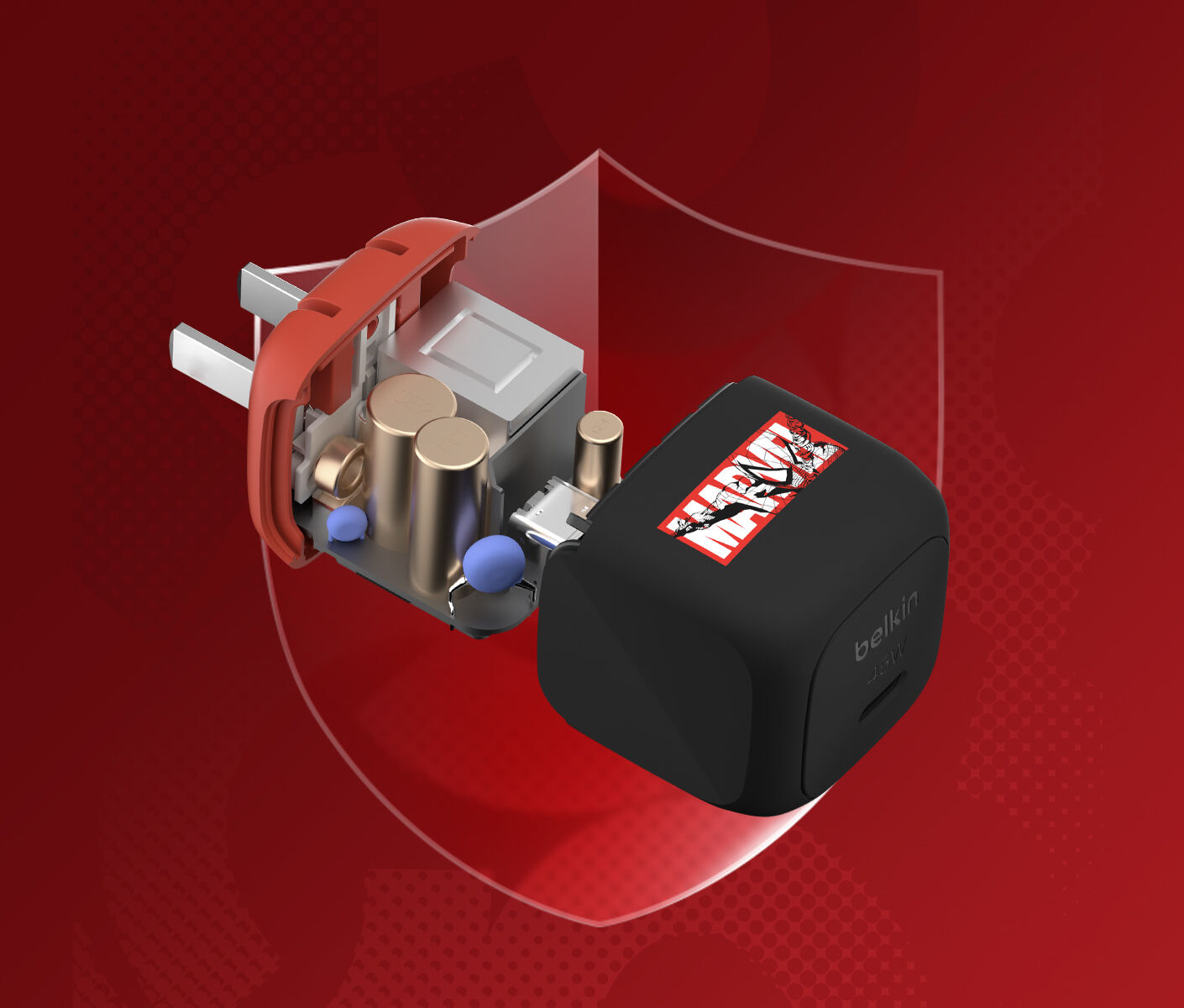 A Belkin BoostCharge Compact USB-C Wall Charger 45W is shown in a cutaway view, revealing its internal electronic components.