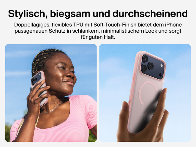 Belkin SheerForce Grip Series Case for iPhone 17 with slim translucent design and soft-touch finish for a comfortable grip.