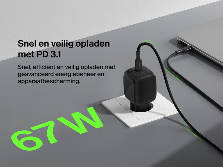 Afbeelding van een Belkin BoostCharge Pro 2-poorts USB-C GaN-wandlader van 67 W met PD 3.1-technologie die apparaten snel en veilig oplaadt dankzij geavanceerd energiebeheer.