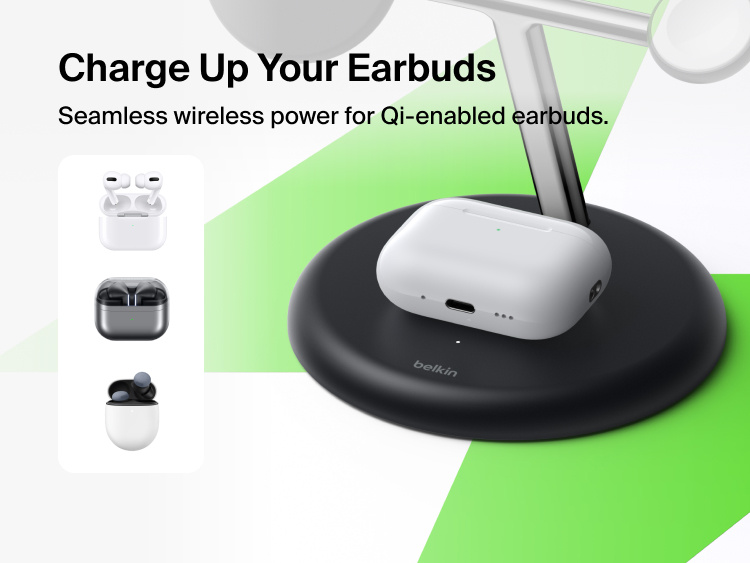 Belkin UltraCharge 3-in-1 Wireless Charging Stand with Qi2 25W charging Qi-enabled earbuds case on base pad with seamless wireless power feature highlighted