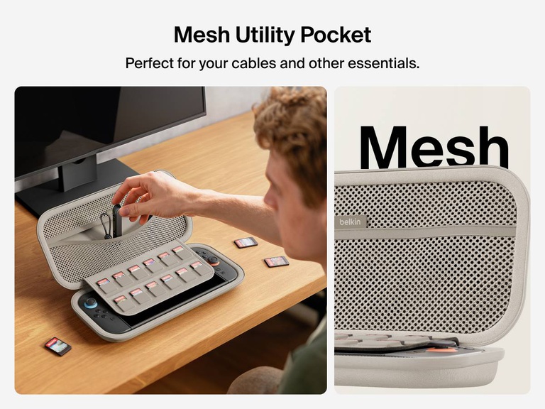 User opens the Belkin Gaming Travel Case for Nintendo Switch 2 to access the mesh utility pocket, ideal for organizing cables and small accessories alongside a 12-slot game card sleeve.