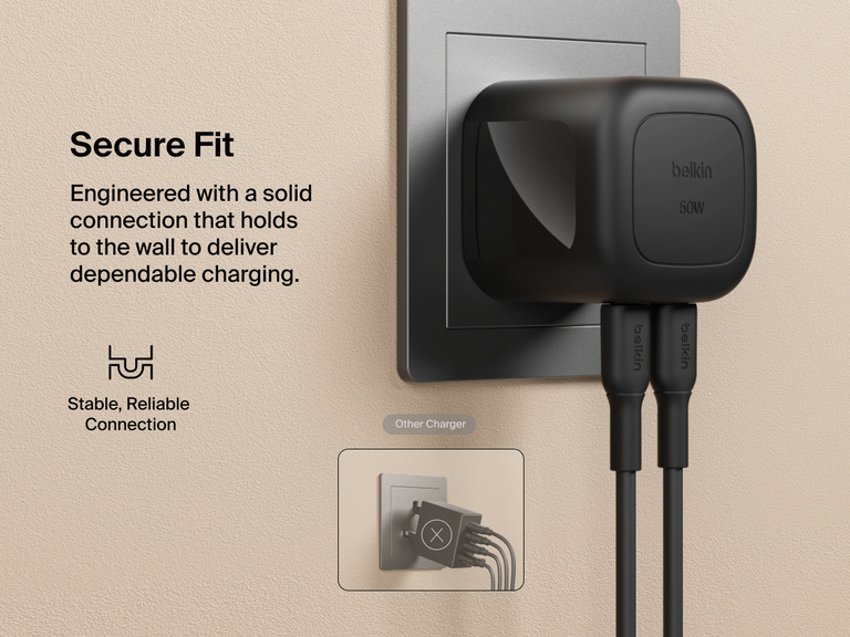 Belkin BoostCharge Pro Dual USB-C GaN Wall Charger 50W plugged securely into a wall outlet with dual cables connected, designed for a stable, reliable fit compared to other chargers.