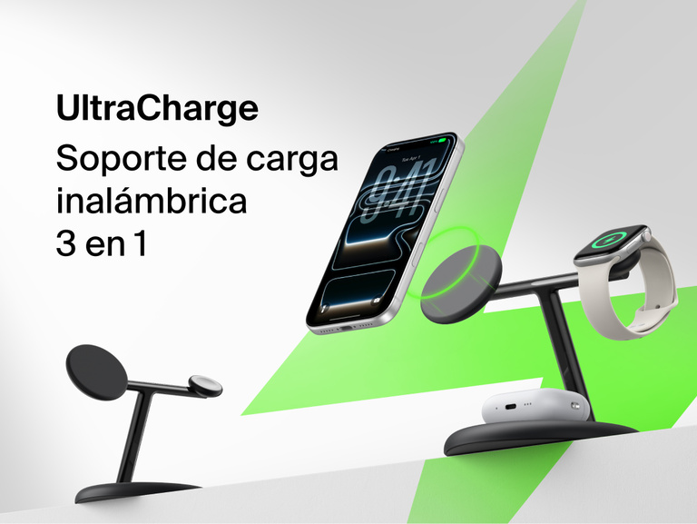 Belkin UltraCharge 3-in-1 Wireless Charging Stand with Qi2 25W front view showing dedicated magnetic phone pad, watch charger, and earbuds base