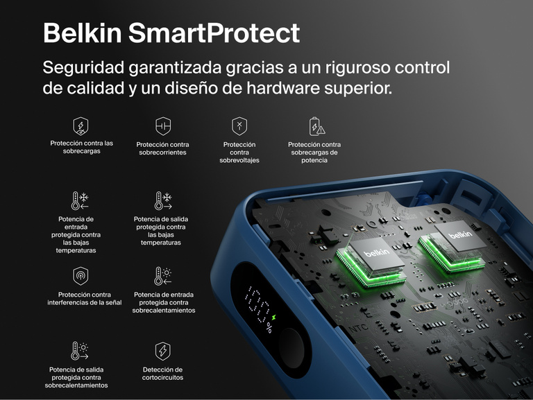 Belkin UltraCharge 20K 45W power bank with integrated cable featuring SmartProtect safety system with multi-layer protection for secure and reliable charging