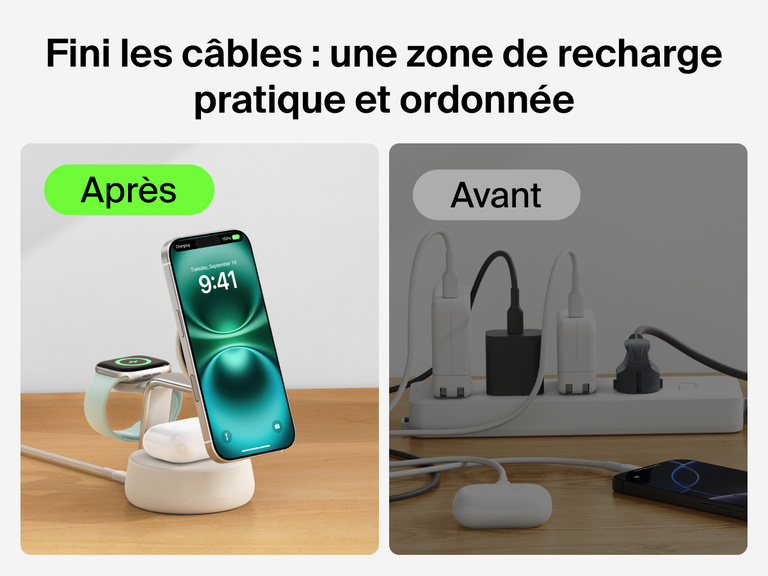 Station de recharge aimantée 3-en-1 Belkin UltraCharge Pro avec Qi2 (25 W) offrant une solution de recharge sans fil pratique pour iPhone, Apple Watch et AirPods, qui remplace l'utilisation de plusieurs câbles de recharge différents.