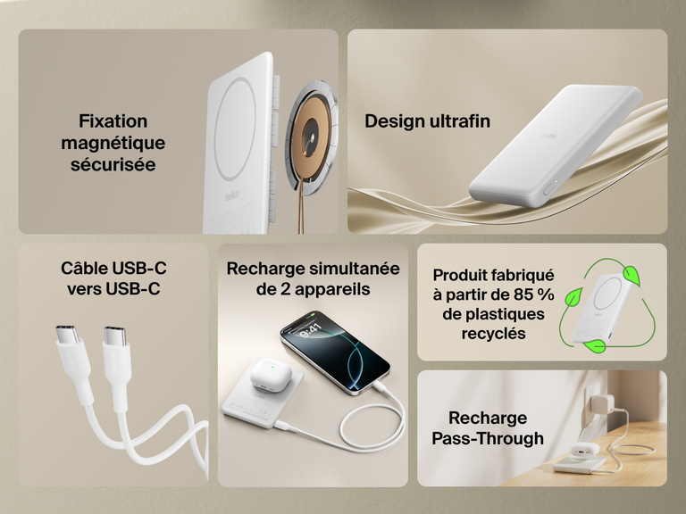 Belkin BoostCharge Slim Magnetic Power Bank 5K shown highlighting key features including secure magnetic ring, ultra-slim design, USB-C to USB-C cable, dual device charging, recycled materials, and pass-through charging capability.
