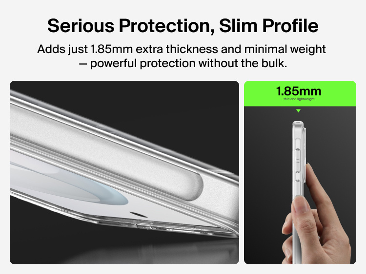 Belkin SheerForce Clear Series Case for Samsung Galaxy S26 shown in side profile, highlighting a slim 1.85 mm design that adds minimal thickness while delivering durable, everyday phone protection.
