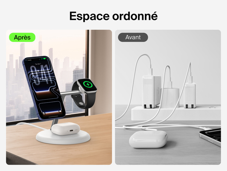Belkin UltraCharge 3-in-1 Wireless Charging Stand with Qi2 25W reducing cable clutter by charging iPhone, Apple Watch, and AirPods in a clean organized setup compared to traditional wired charging