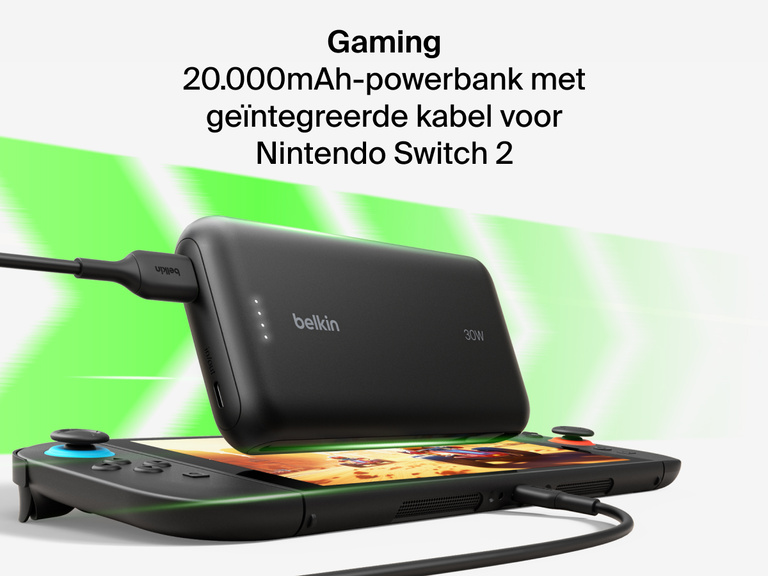 De Belkin Gaming 20.000mAh-powerbank met geïntegreerde USB-kabel levert 30 W om de Nintendo Switch 2 snel op te laden en onderweg langer te kunnen gamen.