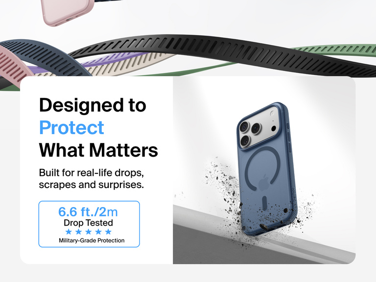 Belkin SheerForce Grip Series Case for iPhone 17 shown with textured grip and impact protection against drops.