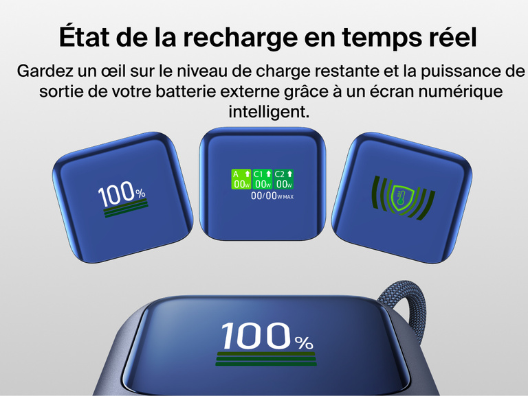 Gros plan sur l'&eacute;cran num&eacute;rique intelligent de la batterie externe 11K UltraCharge avec c&acirc;ble r&eacute;tractable, affichant le pourcentage de batterie, la puissance de sortie en watts et l'&eacute;tat de la temp&eacute;rature.