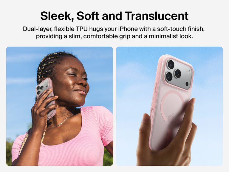 Belkin SheerForce Grip Series Case for iPhone 17 with slim translucent design and soft-touch finish for a comfortable grip.