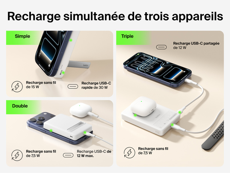 Slim Magnetic Power Bank 10K with Qi2 powering three devices including smartphone, earbuds, and smartwatch at once