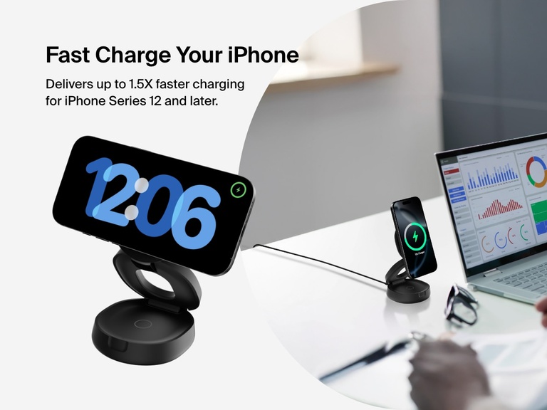 Belkin BoostCharge 2-in-1 Convertible Magnetic Charging Stand with Qi2 15W fast charges an iPhone in both portrait and landscape modes, ideal for desks and workspaces.