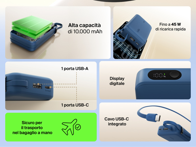 Belkin UltraCharge 10K power bank with 45W fast charging, integrated USB-C cable, digital display, USB-A and USB-C ports, and TSA carry-on approved design.