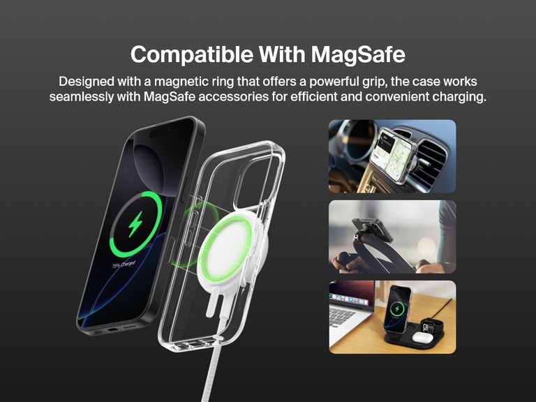 SheerForce™マグネット式iPhoneケースのMagSafe互換性を紹介するプロモーション画像。この画像では、ケースが車載ホルダー、スマートフォンスタンド、ワイヤレス充電ドックなどのMagSafeアクセサリにしっかりと取り付けられ、シームレスかつ効率的な充電エクスペリエンスを実現する様子が強調されています。透明なケースには、MagSafe対応デバイスとの強力な接続を実現するマグネットリングが内蔵されています。