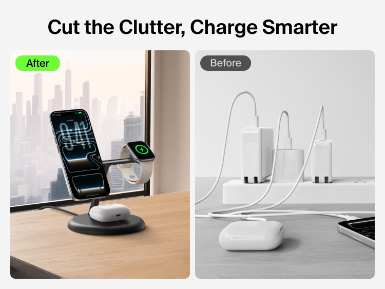 Belkin UltraCharge 3-in-1 Wireless Charging Stand with Qi2 25W reducing cable clutter by charging iPhone, Apple Watch, and AirPods in a clean organized setup compared to traditional wired charging