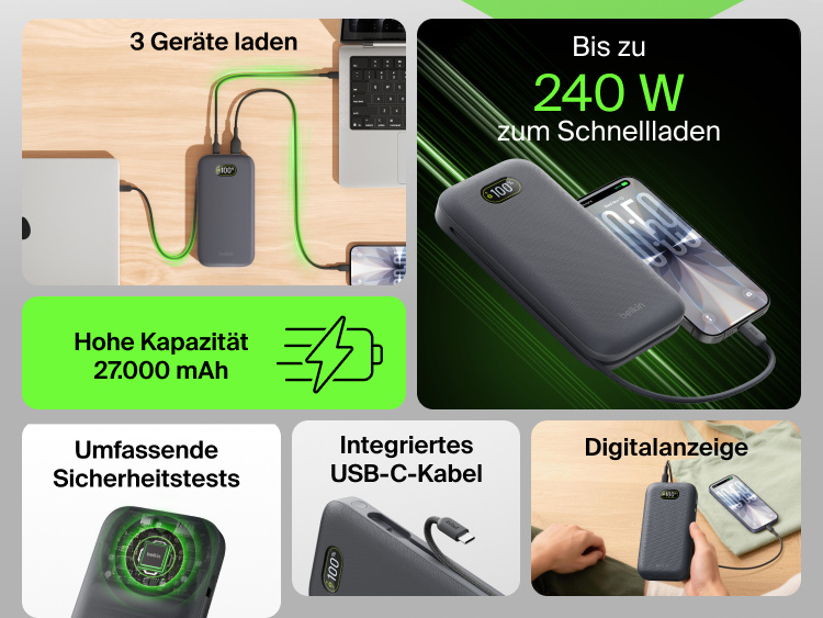 UltraCharge Pro Laptop Power Bank 27K charging three devices with integrated USB-C cable, digital display, and high-capacity fast charging up to 240W