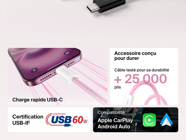 Infographie présentant le câble USB-C vers USB-C Belkin BoostCharge (60 W) certifié USB-IF résistant à plus de 25 000 plis. Il offre une recharge rapide de 60 W, ainsi qu'une prise en charge de CarPlay d'Apple et d'Android Auto.