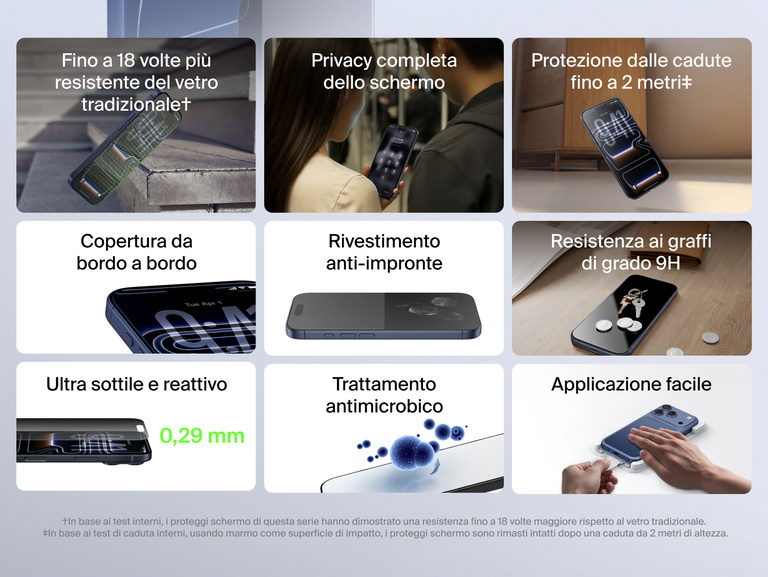 Belkin ScreenForce InvisiGlass Screen Protector for iPhone with up to 18x stronger glass, 9H scratch resistance, 6.5 ft drop protection, ultra-thin 0.29mm design, anti-fingerprint coating, antimicrobial treatment, and easy edge-to-edge application.