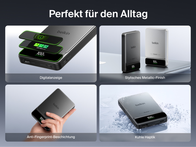 Die Belkin UltraCharge Pro Powerbank 10K mit BoostSolid-Zelle bietet ein smartes Display, eine elegante Metalloptik, eine Oberfl&auml;che, auf der Fingerabdr&uuml;cke kaum sichtbar sind, und eine angenehm k&uuml;hle Haptik.