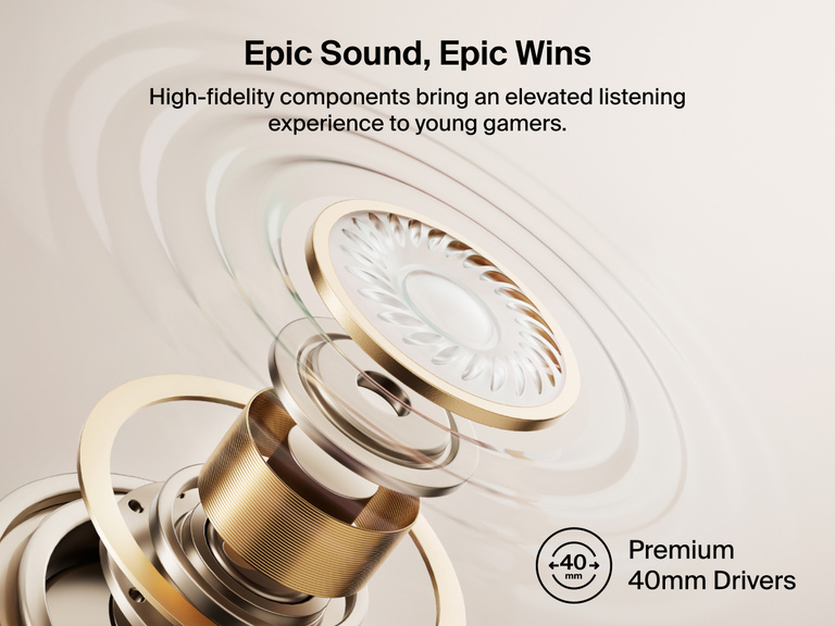 BelkinのMini子供用有線ゲーミングヘッドホンに使用されている、高品質な40mmオーディオドライバーをクローズアップしたレンダリング画像。忠実度の高いサウンドで臨場感あふれるリスニングエクスペリエンスを実現することが強調されています。