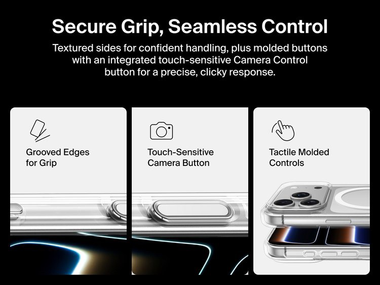 Belkin SheerForce Clear Series Case for iPhone 17 with grooved edges, tactile molded controls, and touch-sensitive camera button for secure grip and seamless control.