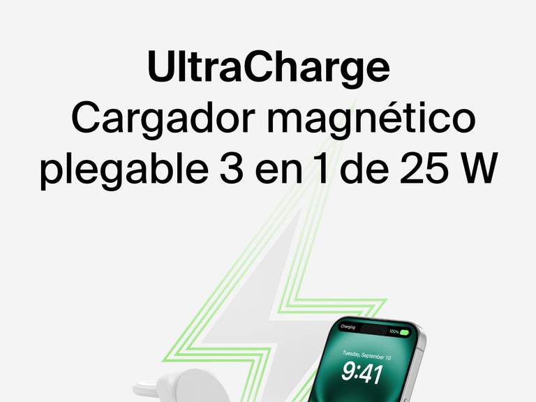 Belkin UltraCharge 3-in-1 Foldable Magnetic Charger with Qi2 25W shown charging an iPhone, with a green lightning bolt graphic in the background.