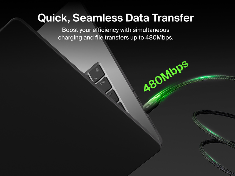 Belkin BoostCharge Pro Magnetic USB-C Cable 240W shown connected to a laptop, supporting fast charging and seamless data transfer speeds up to 480 Mbps.