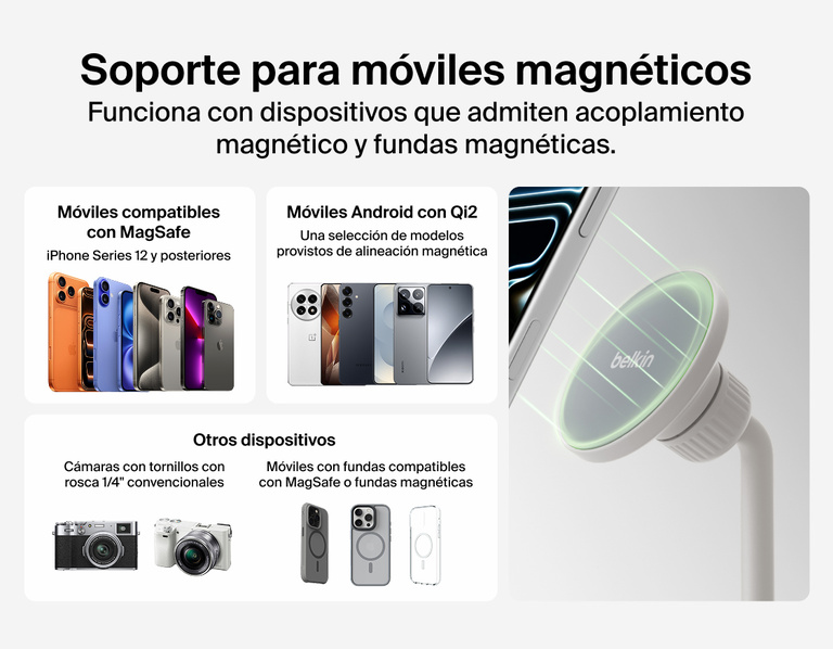 Image showing Belkin Stage Creator Kit magnetic mount compatible with MagSafe iPhones, Qi2 Android phones, and devices with magnetic cases or standard 1/4-inch screw threads for universal use.