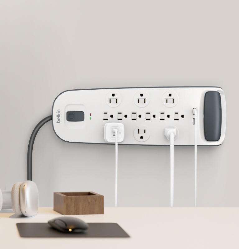 Belkin Surge Protector Power Strip w/ 12 AC Multiple Outlets, 2 USB Ports, & 6ft Long Flat Plug Extension Cord for Home, Office, Travel, Computer Desktop & Phone Charger - 3,996 Joules of Protection 