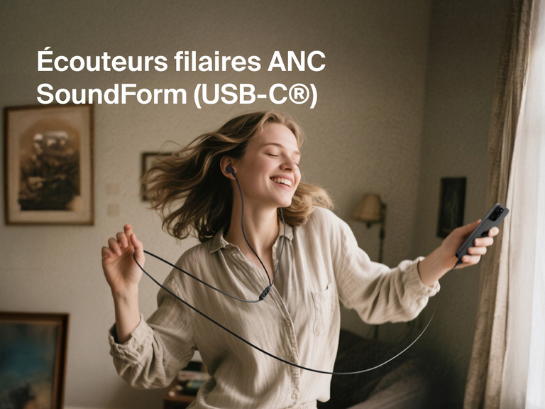 Belkin SoundForm ANC Wired Earbuds with USB-C® shown in use, delivering high-quality sound with active noise cancellation.