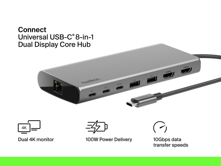 Image of the Belkin Connect Universal USB-C 8-in-1 Dual Display Core Hub featuring two HDMI ports, multiple USB-C and USB-A ports, an Ethernet port, and a USB-C cable, with icons highlighting dual 4K monitor support, 100W Power Delivery, and 10Gbps data transfer speeds.