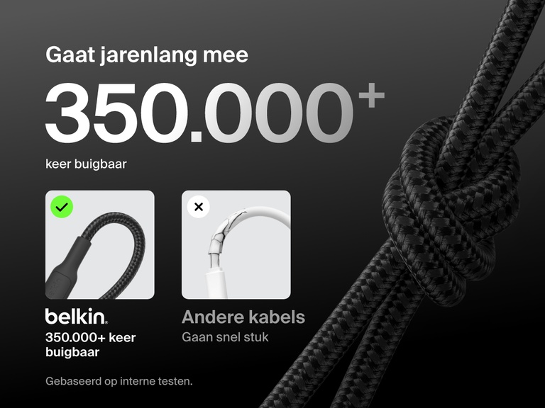 Close-up of the Belkin BoostCharge Pro USB-C to USB-C Braided Cable 240W tied in a knot, highlighting its 350,000+ bend lifespan and durability compared to standard cables.