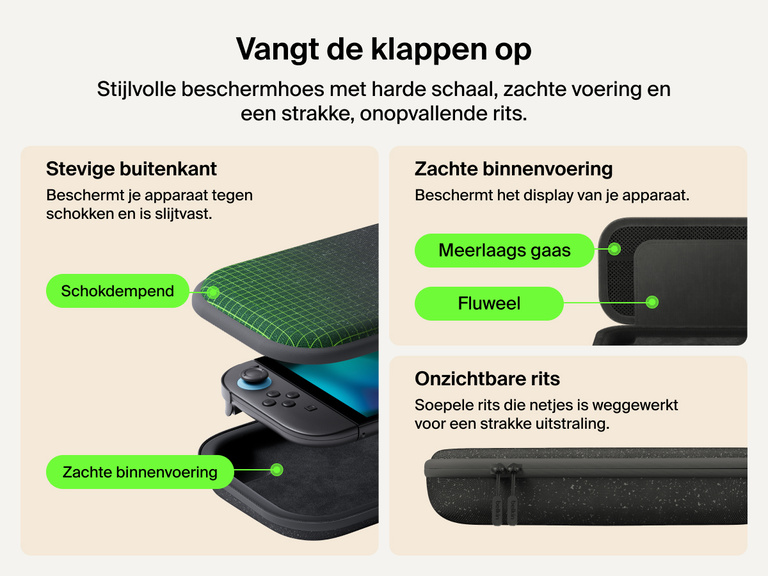Belkin Gaming opberghoes met powerbank voor de Nintendo Switch 2 heeft een schokbestendige schaal, een zachte fluwelen binnenvoering, meerlaags gaas en een robuuste soepele rits ten behoeve van duurzame bescherming.